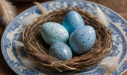 Naklejka na ściany i meble close up top shot blue dotted eggs served on the nest with feathers in plate