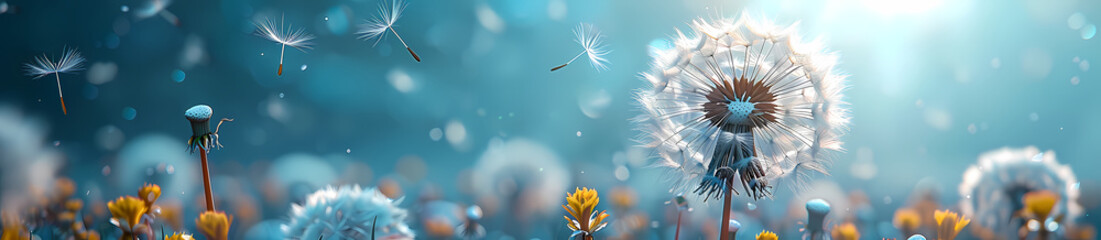 background: A serene scene with a dandelion losing its seeds in the wind, illuminated by a gentle backlight - obrazy, fototapety, plakaty