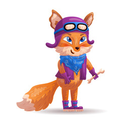 Funny cartoon fox as a biker, racer, mechanic. Vector illustration.