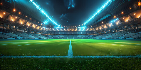 A sports stadium is depicted empty and lit up against the twilight sky, showcasing an impressive...