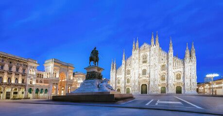 Italy - Milan Duomo at twilight - Gothic Cathedral in Piazza Duomo in Milano, Italy. Galleria Vittorio Emanuele II