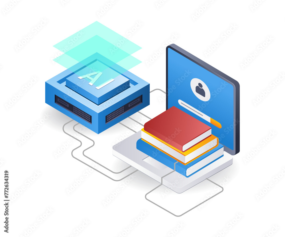 Poster school learning with artificial intelligence technology flat isometric 3d illustration