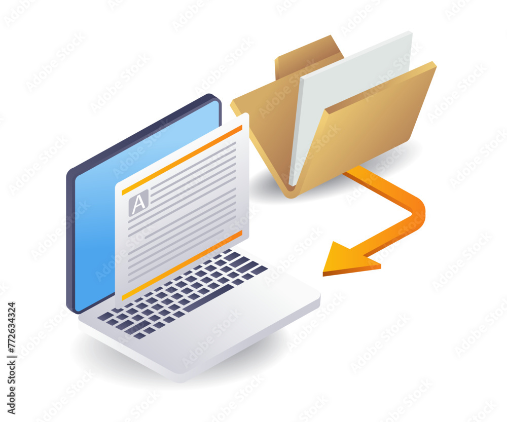 Poster Saving data to computer folder concept, flat isometric 3d illustration