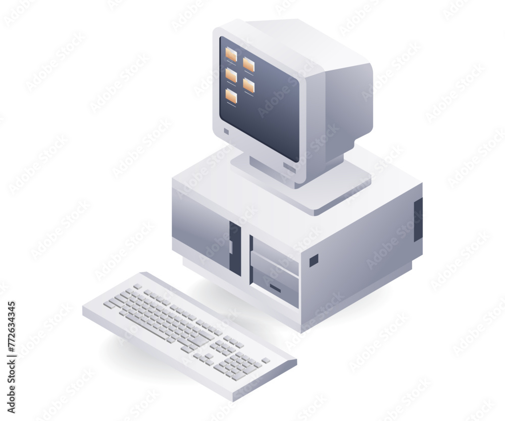Aufkleber retro computer technology concept, flat isometric 3d illustration