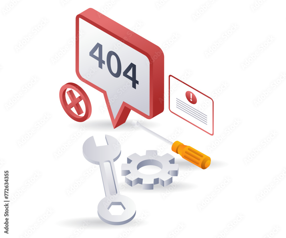 Poster repair internet warning error code 404, flat isometric 3d illustration