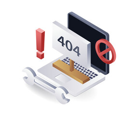 Repair warning error 404, flat isometric 3d illustration