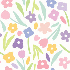 Colorful abstract seamless pattern. Vector floral wallpaper in doodle style with flowers and leaves. Gentle floral background. Print for fabric, paper, kids clothes and accessories
