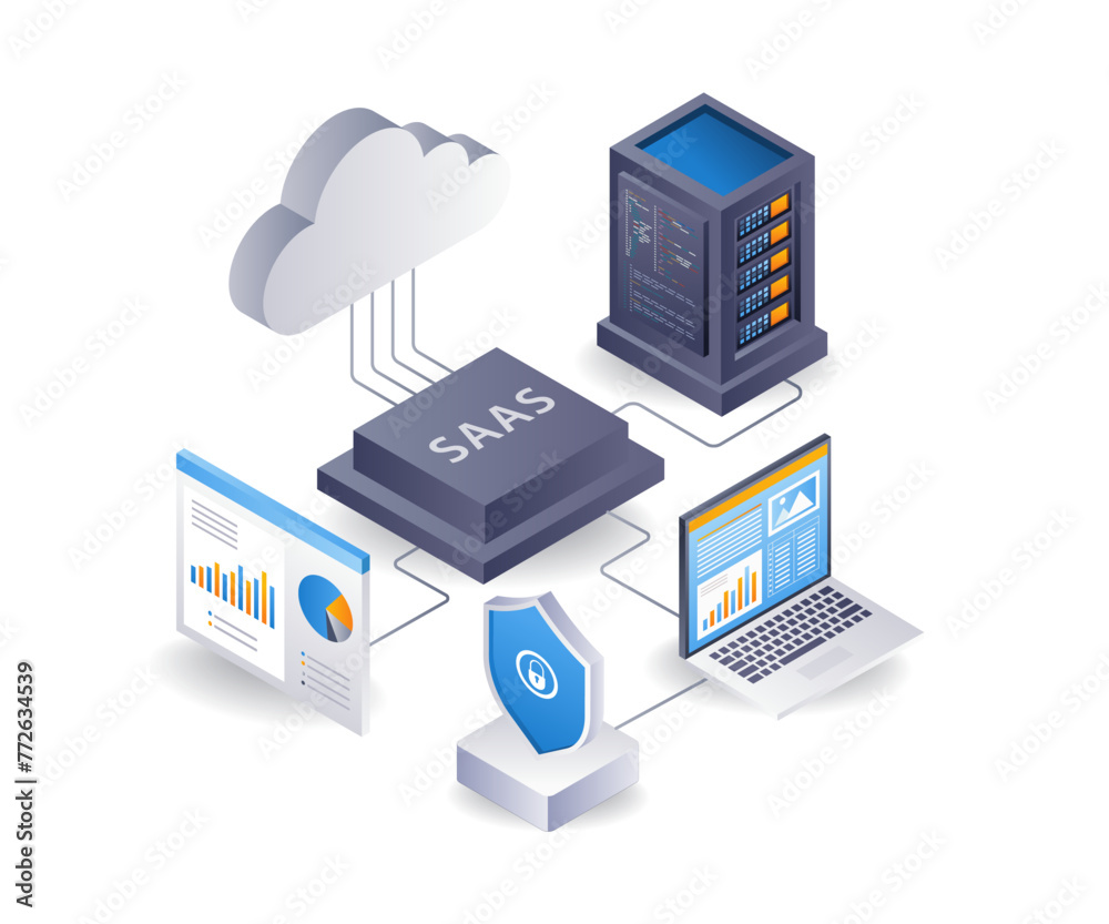 Poster software as a service server developer, flat isometric 3d illustration