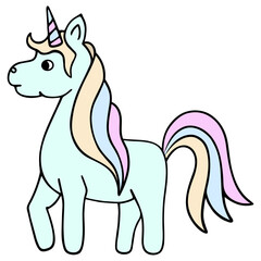 Green unicorn. Magic horse with a horn on its head. Cute pony with a lush pink-orange mane and tail.
