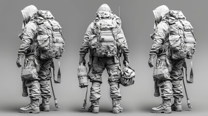 Fototapeta premium Three soldiers in white uniforms with backpacks and a helmet. The soldiers are standing in front of a gray background