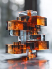 A stack of cubes made of glass and plastic, with a yellowish color. The cubes are arranged in a way that they look like a tree. The image has a modern and abstract feel to it