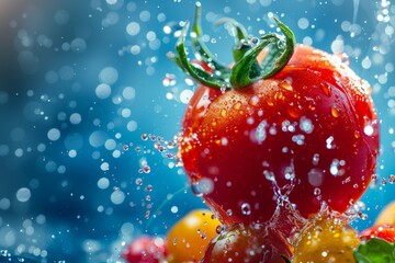 A tomato is surrounded by water droplets, creating a sense of freshness and vitality. The image conveys a feeling of abundance and abundance of nature's bounty