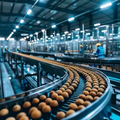 A conveyor belt with many eggs on it. The eggs are being made in a factory
