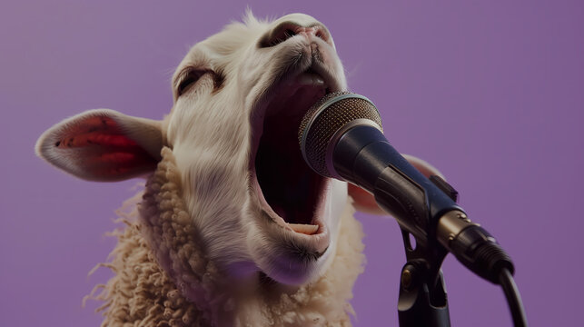 Close-up of a cartoon sheep passionately singing into a microphone, against a purple background, evoking a sense of performance