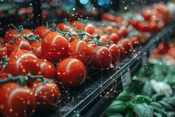 A close up of a tomato display in a grocery store. The tomatoes are arranged in a way that they look like they are connected by a network of lines. Concept of interconnectedness and abundance - Powered by Adobe