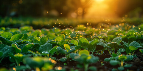 Fototapeta na wymiar A vibrant sunrise paints the sky above an expanse of lush organic vegetable leaves, adorned with glistening dewdrops, symbolizing the vibrant energy and freshness of organic produce.