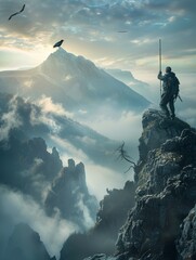 A man stands on a mountain top with a bird flying in the background. The sky is cloudy and the mountains are covered in snow. The man is holding a pole and he is looking out over the landscape - obrazy, fototapety, plakaty