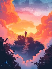 Obraz premium A man stands on a path in a forest with a bright orange sky in the background. The sky is filled with clouds and the moon is visible in the distance