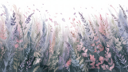 A stunning watercolor illustration featuring a serene landscape with wildflowers swaying gently in the soft breeze.