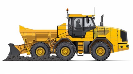A yellow and black construction vehicle with a large bucket on the back. The vehicle is parked on a white background