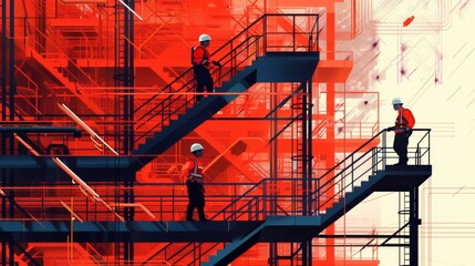 Three men are walking up a red staircase in a building. The building is red and blue, and the men are wearing orange and white safety gear. Scene is serious and focused on safety