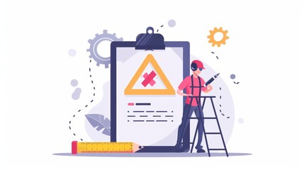 A man is standing in front of a clipboard with a red X on it. He is holding a pencil and he is working on something. Concept of caution and warning