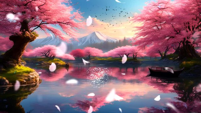Tranquil lake surrounded by cherry blossom trees, their shimmering reflections on the water's surface. Seamless looping 4k time-lapse video animation background 