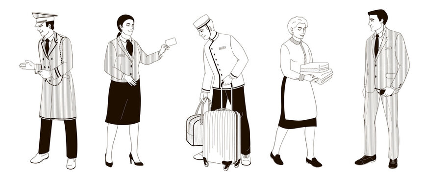 hotel staff  African American male and female characters part 1, doorman, concierge, porter, maid, security. Black and white outline vector illustration