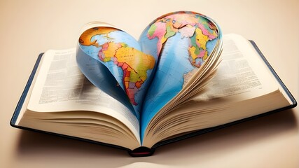 Global religious mission: Evangelization. depiction of an open bible or book with a vibrant global map inside.