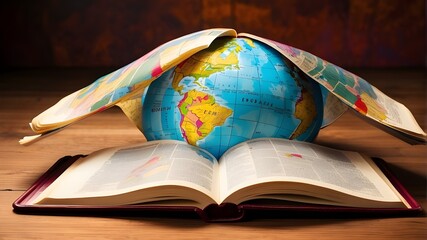 Global religious mission: Evangelization. depiction of an open bible or book with a vibrant global map inside. - obrazy, fototapety, plakaty