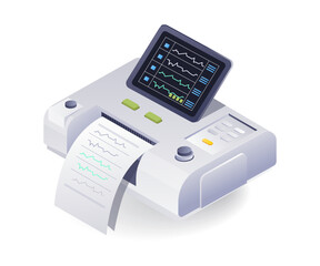 Medical equipment ecg machine patient flat isometric illustration