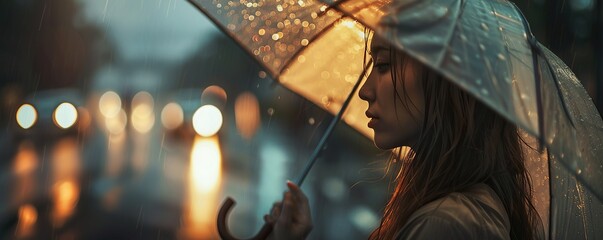 Beautiful woman with umbrella in the rain - obrazy, fototapety, plakaty