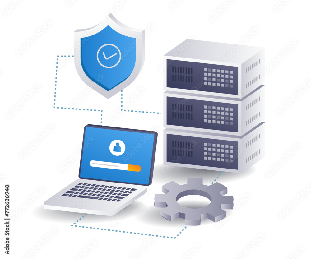Poster personal computer security server concept, flat isometric 3d illustration