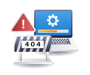 Process of loading repair error code 404, flat isometric 3d illustration
