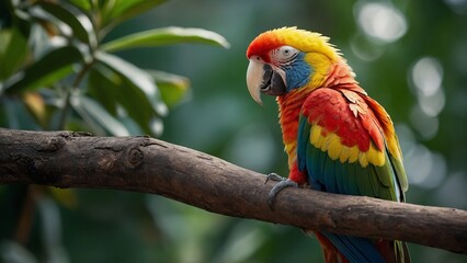 Portrait of colorful Scarlet Macaw parrot sitting on a stick with jungle background. 