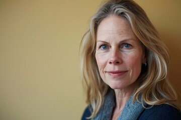 Portrait of a beautiful middle aged woman with blond hair and blue eyes