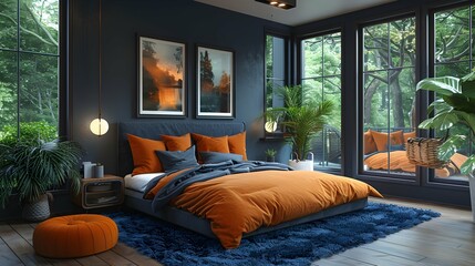Frame mockup in cozy dark blue bedroom interior