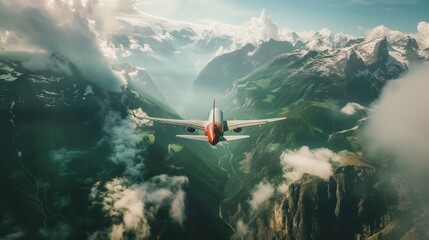 A plane flying over the mountains. travel and travel - obrazy, fototapety, plakaty