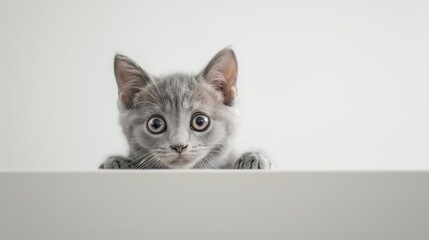 A shy gray Shorthair kitten peering timidly from behind a white table, muted tones real photo, stock photography