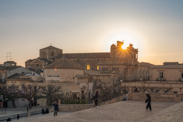 Noto, Syracuse, Sicily, Italy: Sunset on the baroque town of Noto from the staircase of the Cathedral of Saint Nicolò
