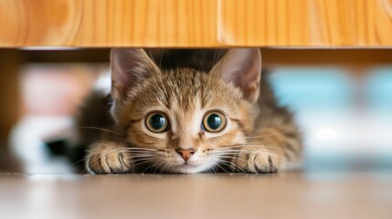 A timid Shorthair kitten cautiously peeking out from under a table, solid color background, real photo, stock photography generative ai