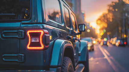 A close-up of a modern vehicle's tail light glowing against the bustling city street at dusk, as the day ends.