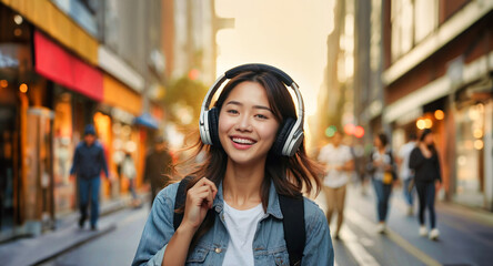 Joyful young Japanese woman listens to music via headphones connected to cell phone while walking around the city center. Wellbeing and happiness concept.