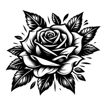 Elegant Black and White Rose Illustration - Detailed Floral Ink Drawing, Tattoo Art Style, Botanical Design, Nature-Inspired Decor, Vector Graphic for Download, botanical illustration, tattoo design