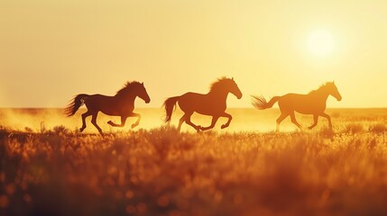 Fototapeta na wymiar A close-up portrait silhouette of horses running on plains, the sun casting long shadows, highlighting their graceful movement, vintage filter