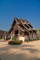 the beautiful ancient building temple and sugar palm tree with blue sky is travel landmark in Chiangmai thailand