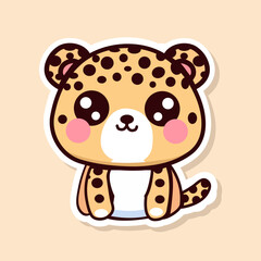 Sticker of cute leopard, tiny small Cheetah wild animal, Isolated on colored background, flat vector illustration 