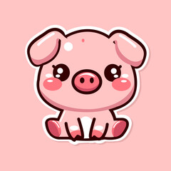 Sticker of cute pig, tiny small wild animal, Isolated on colored background, flat vector illustration 