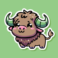 Sticker of cute Buffalo, tiny small wild animal, Isolated on colored background, flat vector illustration 