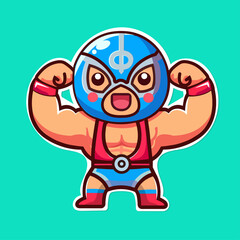 Sticker of cute Mexican Wrestler, tiny small Mask battle acrobat fighter Lucha Libre, Isolated on colored background, flat vector illustration 
